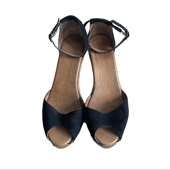 GAIMO Suede Peep Toe Wedge Espadrilles Sandals Shoes Black Tan 38 - Picture 5 of 13